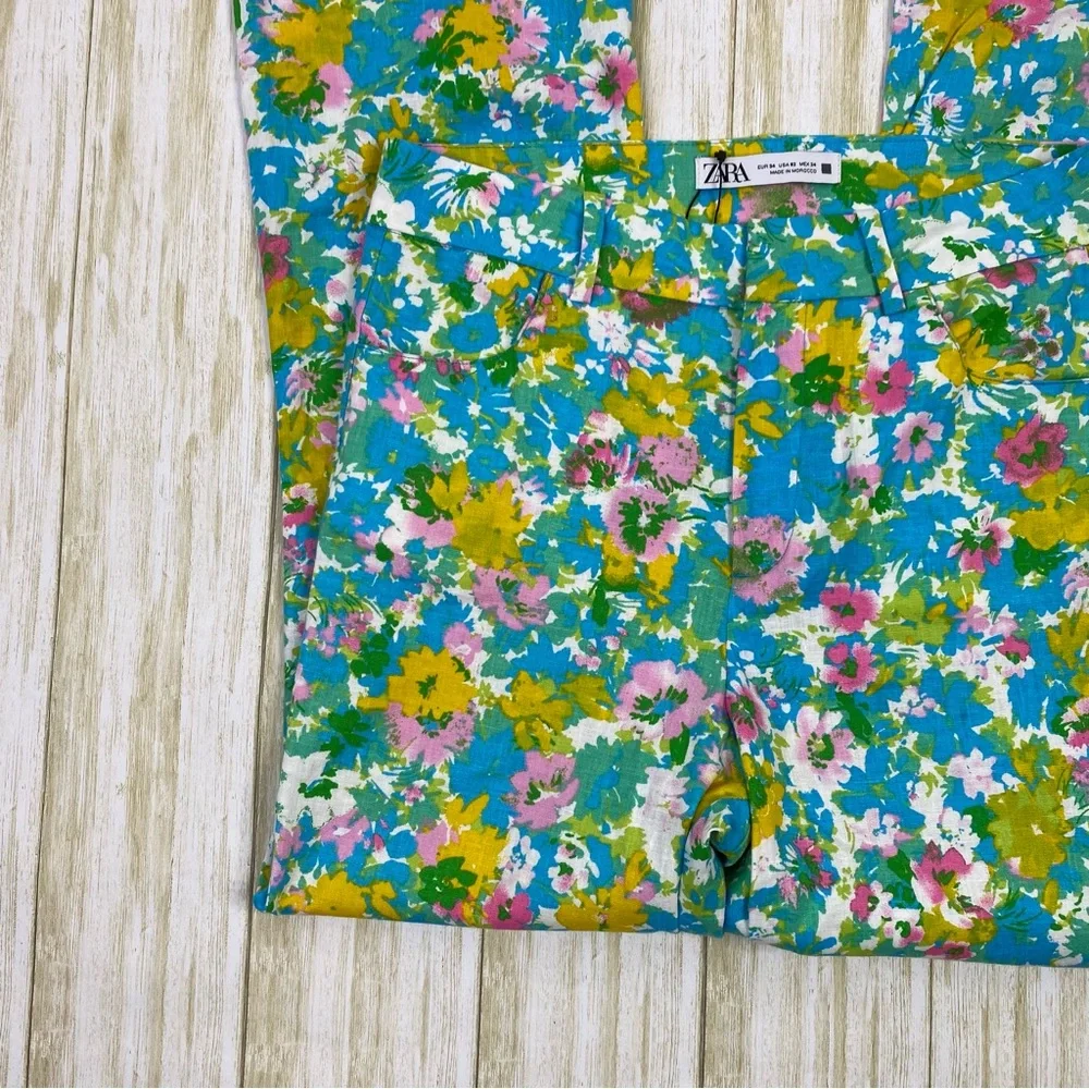Zara Multicolor Floral Linen Blend Mini Flare Trouser Pants